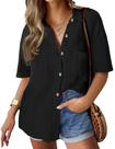 Blusa feminina HOTOUCH de manga curta, linho, algodão, preta