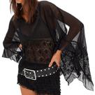 Blusa feminina Igmieronina de renda transparente de manga comprida com babados, preta