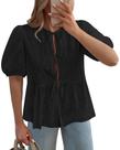 Blusa feminina KIRUNDO, gravata frontal, oca, de renda bordada