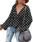 Blusa feminina LAMISSCHE de bolinhas com decote em V profundo e manga comprida