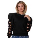 Blusa Feminina Luxo Preta Manga Bufante E Corações Bordadas