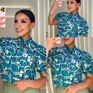 Blusa Feminina Manga Curta Bufante Social Estampada com Laço