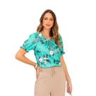 Blusa feminina manga curta estampa tropical com renda em crepe suave