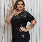 Blusa Feminina Manga Curta Frente Em Paetê Plus Size