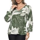 Blusa Feminina Manga Longa Estampa Floral Decote em V Tecido Duna Tendencia Inverno