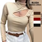 Blusa Feminina Manga Longa Gola Alta Decote Recorte Tecido Canelado Flanelado Moda Blogueira Blusa Feminina Manga Longa Gola Alta Decote Recorte Tecido Canelado Flanelado Moda Blogueira