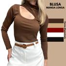 Blusa Feminina Manga Longa Gola Alta Decote Recorte Tecido Canelado Flanelado Moda Blogueira