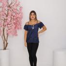 Blusa Feminina Ombro a Ombro Renda Personalizada e Alcinha Regelável Chiffon Premium - Marinho