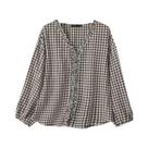 Blusa Feminina Oversize Xadrez Com Decote Em V E Manga Longa, Camisa Casual Com Babados E Botões,