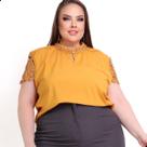 Blusa Feminina Plus Size Com Gola Pedrinhas Manga Guipir