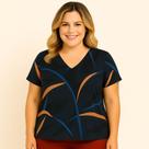 Blusa Feminina Plus Size, Estampa Floral, Manga Curta Preto