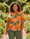 Blusa Feminina Plus Size Estampa Rosa Tropical, Tam. 48