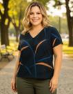 Blusa Feminina Plus Size, Estampada, Preto, Decote em V