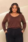 Blusa Feminina Plus Size Gola V Manga Longa Cor da Moda Marrom GG Veste 48 ao 54 Estilosa