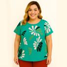 Blusa Feminina Plus Size, Manga Curta, Estampa Floral, Até 52 Blusa Feminina Plus Size, Manga Curta, Estampa Floral, Até 52