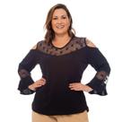 Blusa Feminina Plus Size Manga Longa Detalhe em Renda Elegante G1 G2 G3 G4