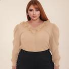 Blusa Feminina Plus Size Manga Longa Gola V Rendinha Babado