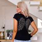 Blusa Feminina Preta em Viscolycra Luxo Asa Anjo Aplicação Pedrarias
