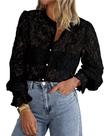 Blusa Feminina PRETTYGARDEN de Renda Manga Longa com Botões Preta G Blusa Feminina PRETTYGARDEN de Renda Manga Longa com Botões Preta G
