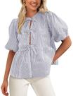 Blusa feminina PRETTYGARDEN, gravata frontal, listrada, 2025, cinza, azul