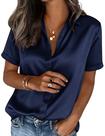 Blusa feminina PRETTYGARDEN, manga curta, cetim, azul marinho