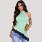 Blusa Feminina Regata Gola Alta Crepe com Renda Assimétrica Bojo Amarração Costas Elegante Moda Blogueira