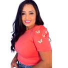 Blusa Feminina Rosa Luxo Em Algodão Manga Bordada Borboletas