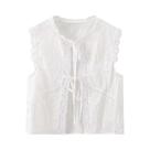 Blusa Feminina Sem Mangas Com Bordado Em Renda E Decote Redondo, Top Elegante Com Amarração Frontal Blusa Feminina Sem Mangas Com Bordado Em Renda E Decote Redondo, Top Elegante Com Amarração Frontal