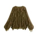 Blusa Feminina Sexy Transparente Com Babados E Decote V, Camisa Casual Em Camadas Estilo Praia Cor
