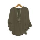 Blusa Feminina Solta De Chiffon Com Decote V, Manga Três Quartos Com Babado, Cor Sólida, Camisa