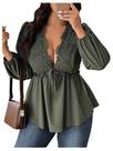 Blusa feminina SOLY HUX plus size de renda com decote em V profundo, verde militar
