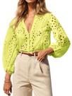 Blusa feminina Tankaneo com decote em V profundo, ilhó, manga 3/4, amarela