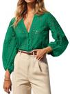 Blusa feminina Tankaneo com decote em V profundo, ilhó, manga 3/4, verde escuro