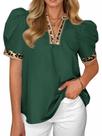 Blusa feminina Tankaneo de manga folhada com decote em V com estampa de leopardo Blusa feminina Tankaneo de manga folhada com decote em V com estampa de leopardo