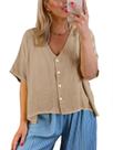 Blusa feminina Tankaneo de tamanho grande com decote em V, asa de morcego, manga curta