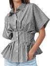 Blusa feminina Tankaneo listrada Peplum com botões e manga curta