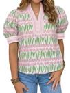 Blusa feminina Tankaneo, manga folhada, floral, decote em V, bloco colorido Blusa feminina Tankaneo, manga folhada, floral, decote em V, bloco colorido