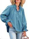 Blusa feminina Tankaneo, puff, manga comprida, com botões, azul claro