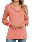 Blusa feminina TCOT com decote em V, manga comprida, renda, rosa coral, S Blusa feminina TCOT com decote em V, manga comprida, renda, rosa coral, S
