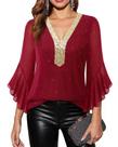 Blusa feminina Timeson Sparkly com decote em V e manga com babados vermelha 2GG
