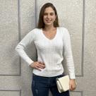 Blusa Feminina Tricot Transinha Gola V Basica Elastano Manga Longa