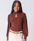 Blusa Feminina Vazado Manga Princesa Marisa Marrom-24009 Blusa Feminina Vazado Manga Princesa Marisa Marrom-24009