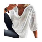 Blusa Feminina Vintage De Renda Vazada Com Decote V, Manga Curta Solta Casual De Cor Sólida Para O