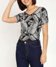 Blusa Feminina Viscolycra Estampa Folhas Vazado Manga -01786