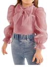 Blusa feminina WDIRARA de manga comprida com babados em malha rosa empoeirada 4T