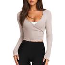 Blusa feminina Wrap Top Talakeno, cortada de manga comprida, café claro
