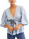 Blusa feminina YANGCHA, renda azul, chiffon, decote em V, manga folhada