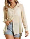 Blusa Flygo Sheer para mulheres de manga comprida transparente bege