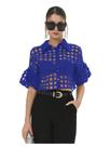 Blusa GORGLITTER de manga folhada transparente em malha azul xadrez para mulheres