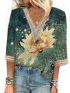 Blusa HOTYD de renda com decote em V, boho, manga curta, verde, estampa floral